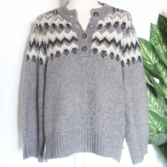 Zara Gray Fair Isle Henley Alpaca Knit Blend Long Sleeve Sweater Women’s Size S - Picture 3 of 16